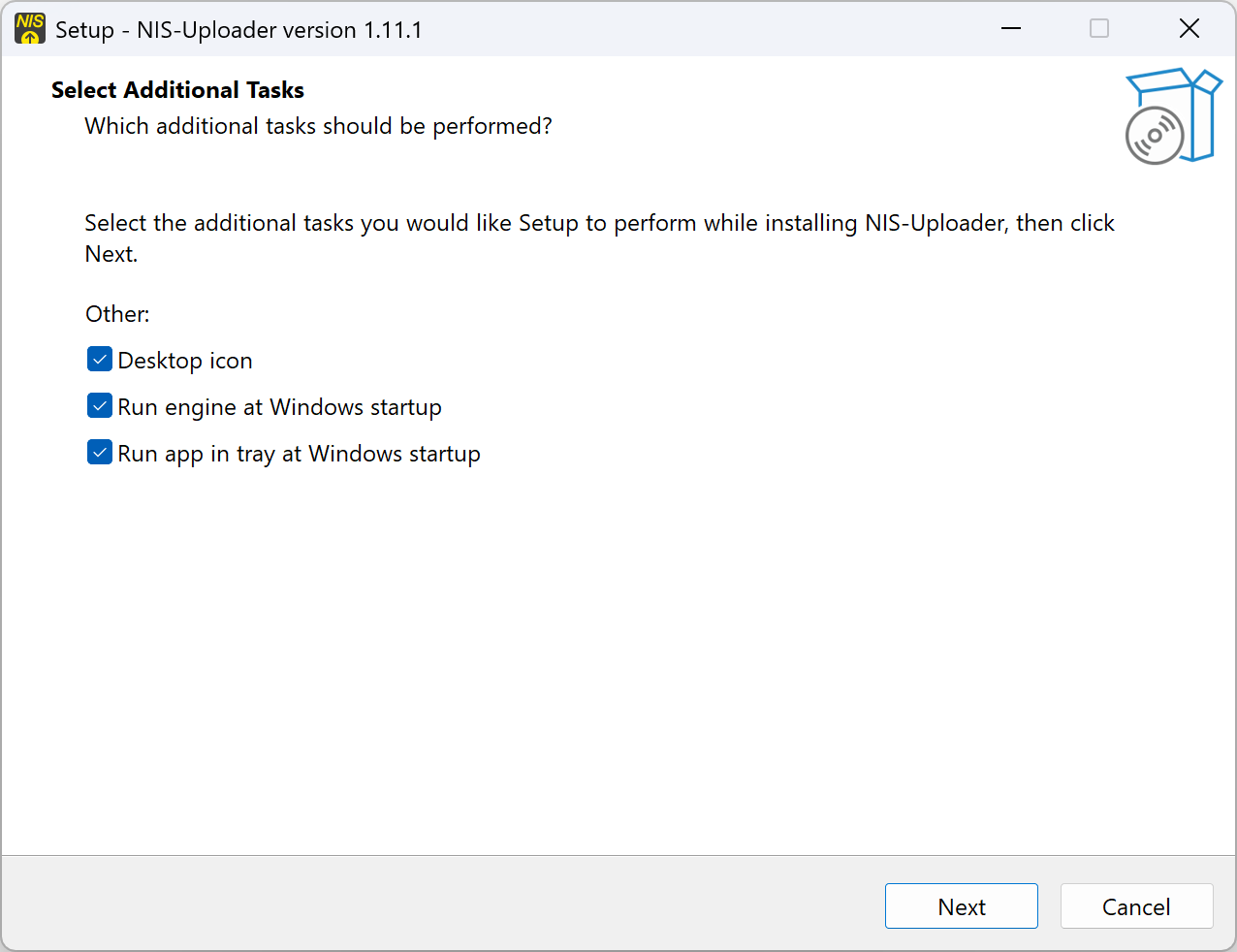 Installer window with the main setup steps and any startup options.