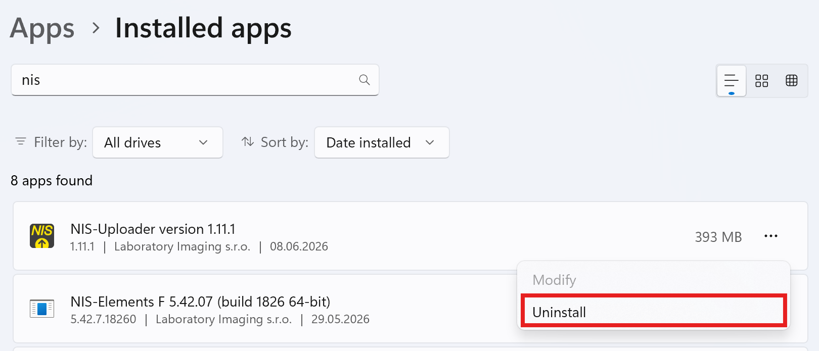 Windows Apps or Control Panel page showing where NIS-Uploader can be uninstalled.