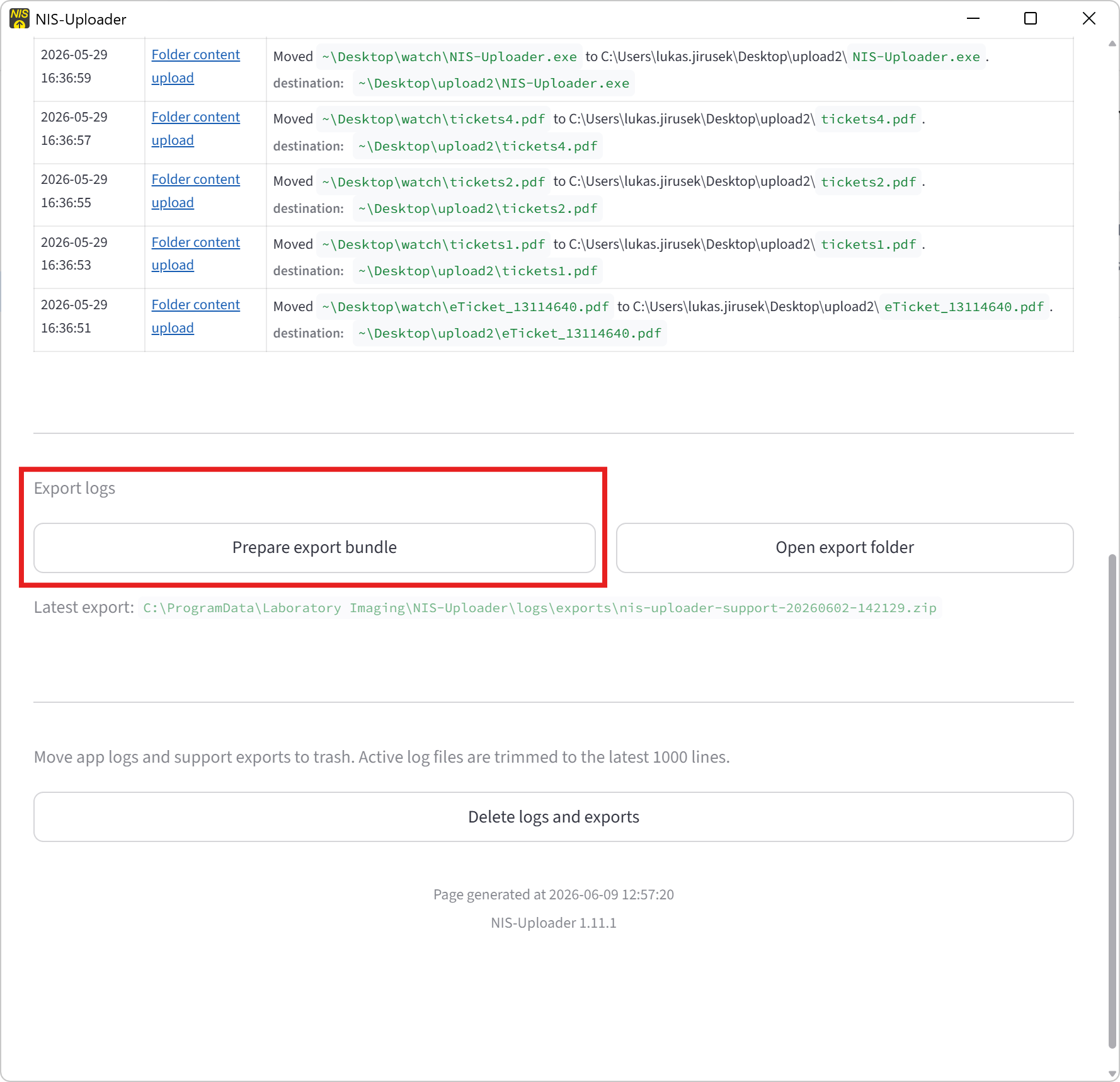 Bottom part of the logs page with the export controls.