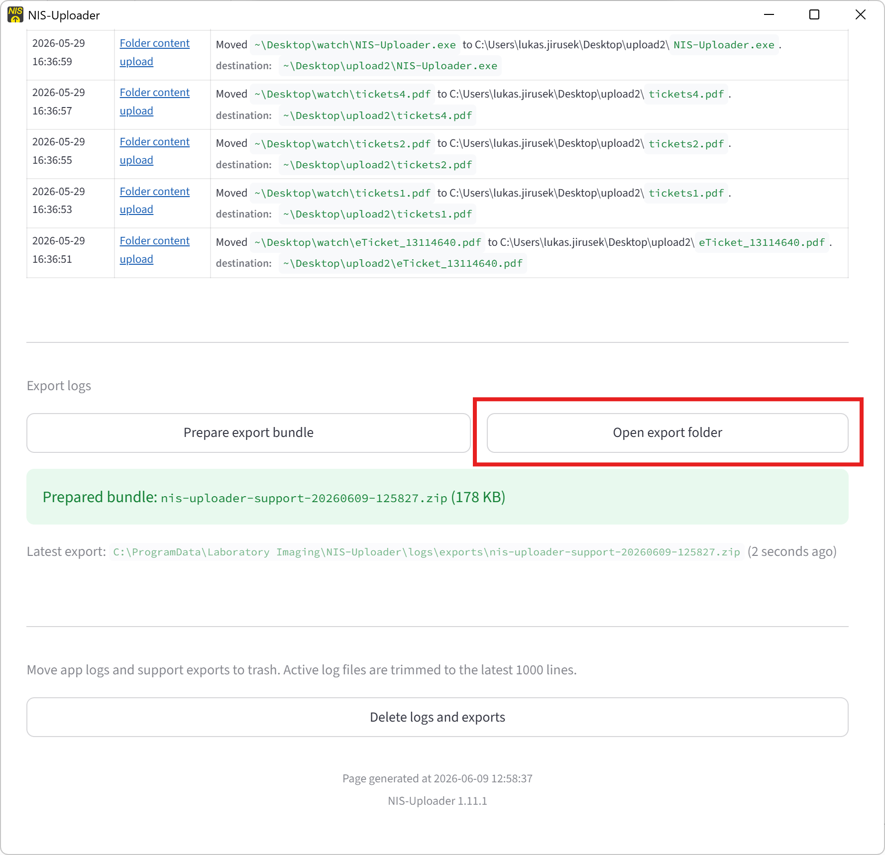 Logs page showing the latest created export bundle path.
