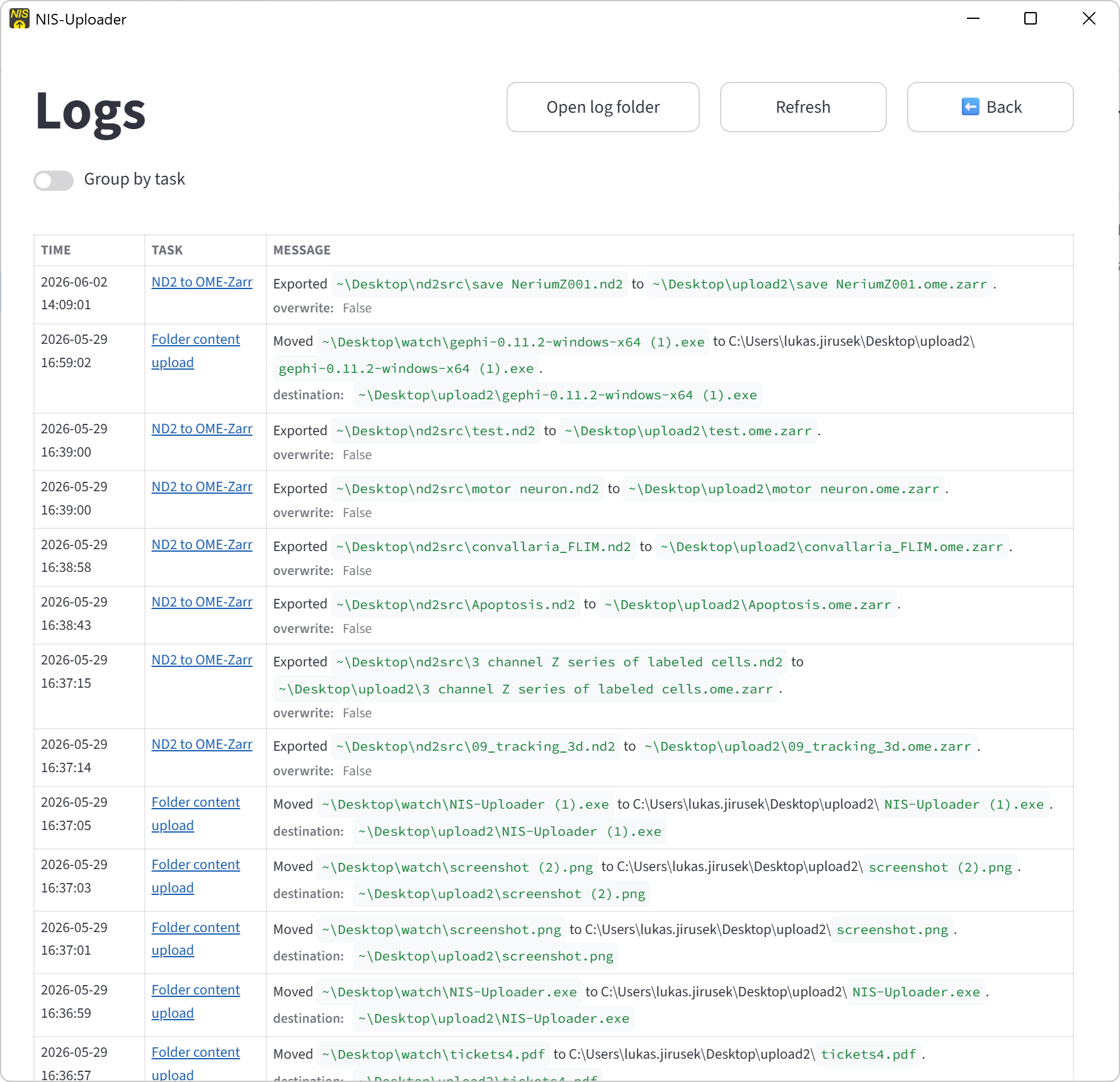 Logs page showing recent activity and task events.