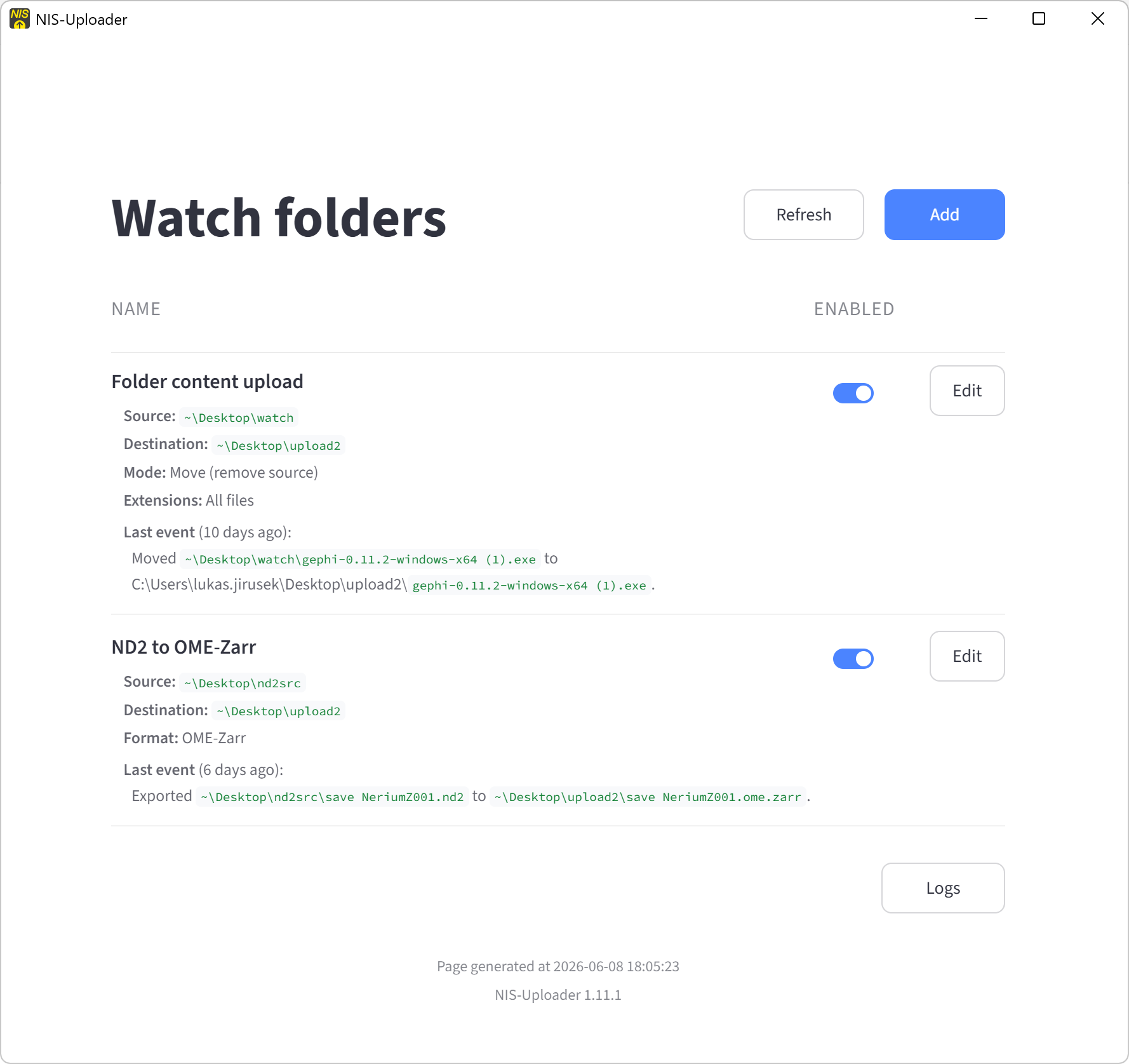 Main NIS-Uploader window with the task list and main navigation.