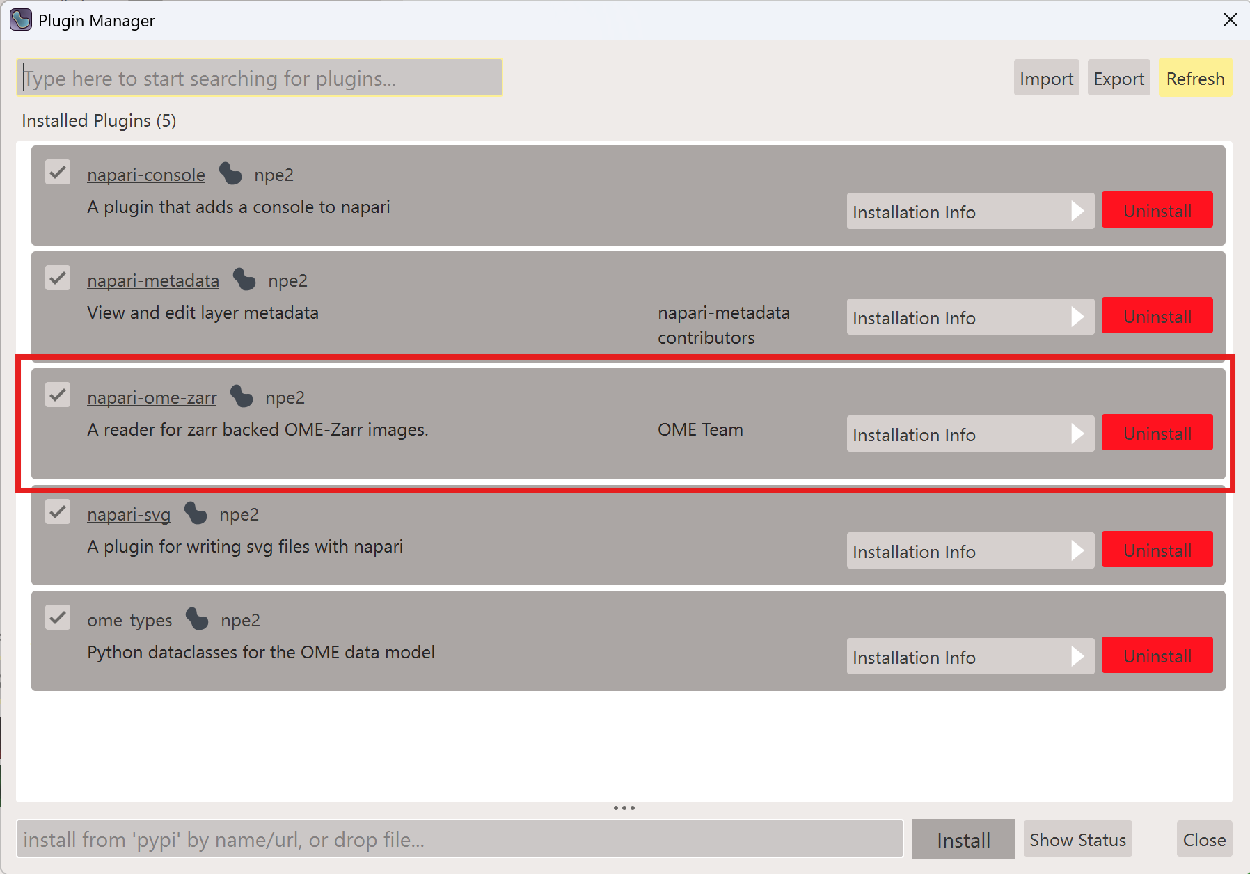 napari plugin list showing the OME-Zarr reader plugin.