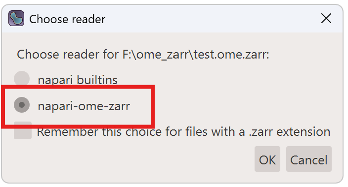 napari open dialog showing that the dataset should be opened with the OME-Zarr reader extension.