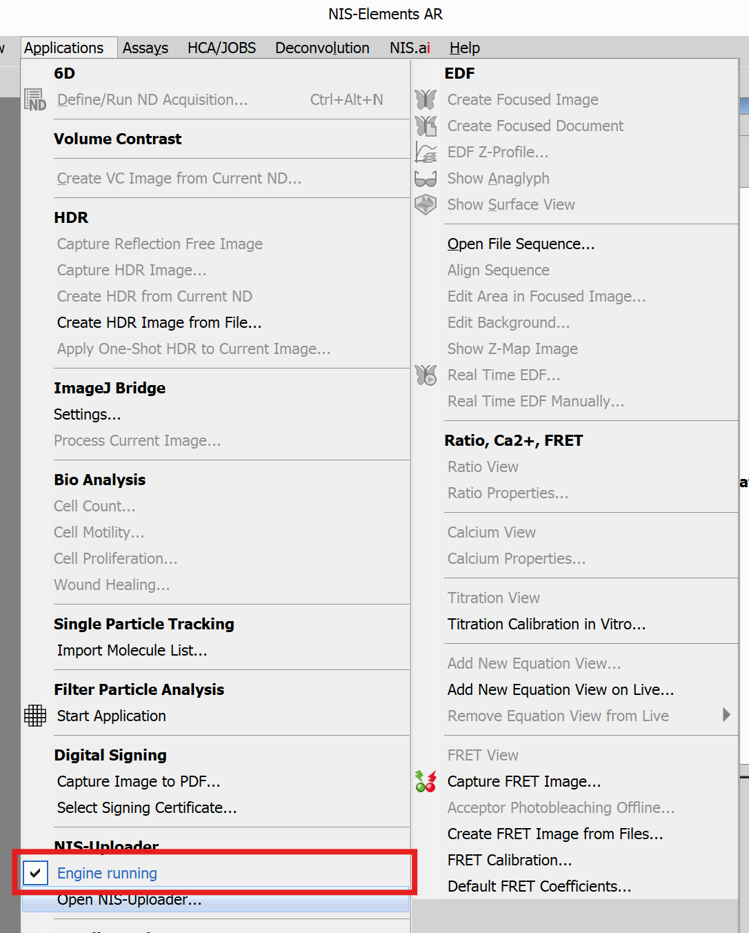 NIS-Elements Applications menu showing the NIS-Uploader engine toggle, which can be used to pause or resume processing.