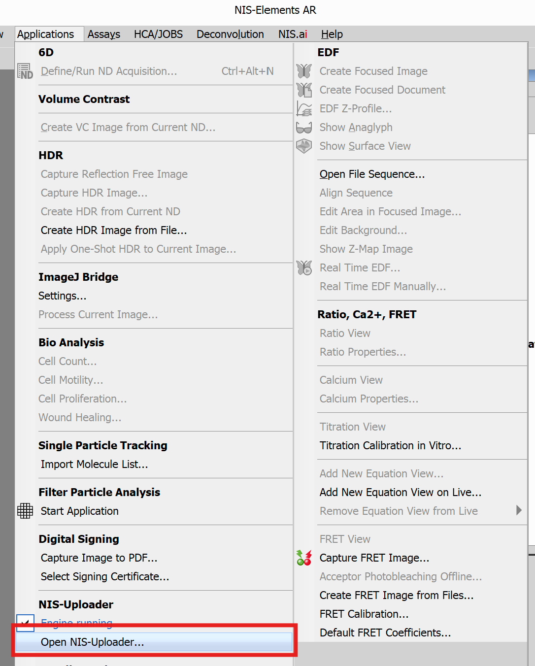 NIS-Elements screen showing where the user starts NIS-Uploader.
