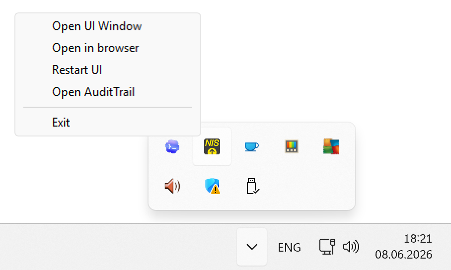Windows tray area with the NIS-Uploader icon and its context menu open.