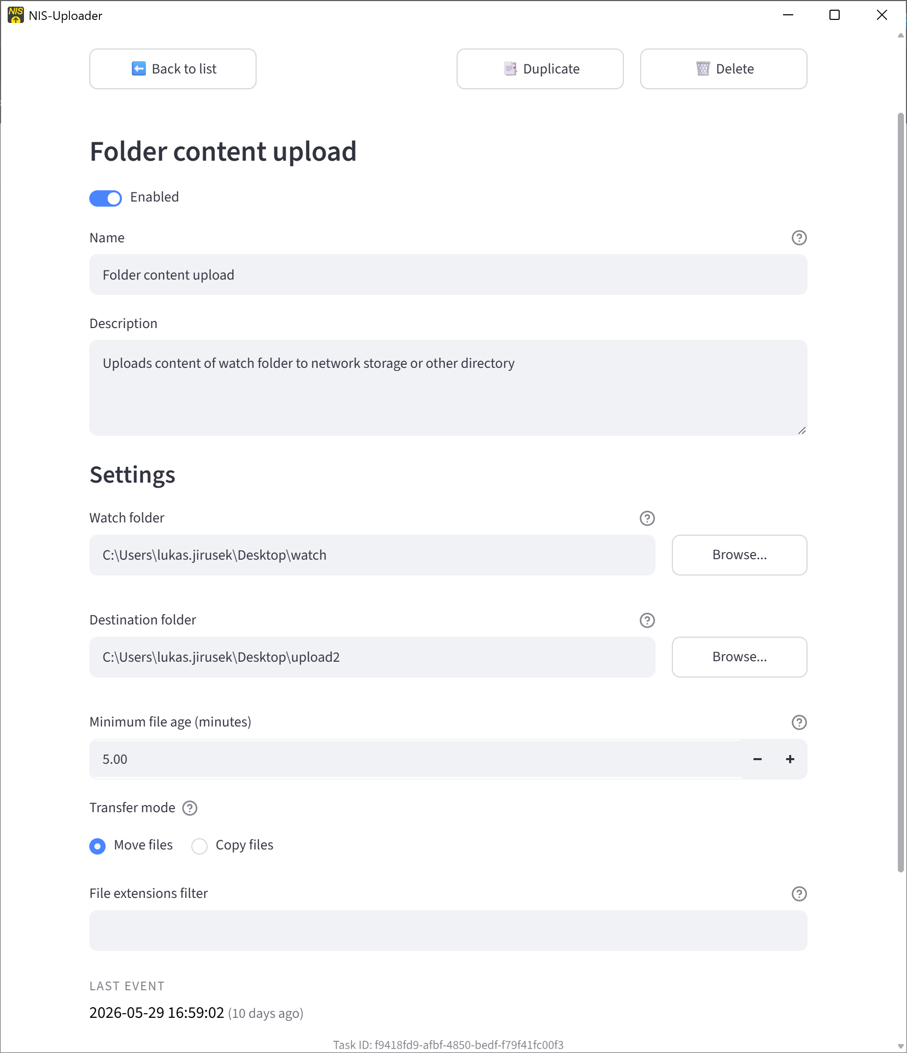Folder Content Upload task settings showing watch folder, destination folder, transfer mode, and minimum file age.