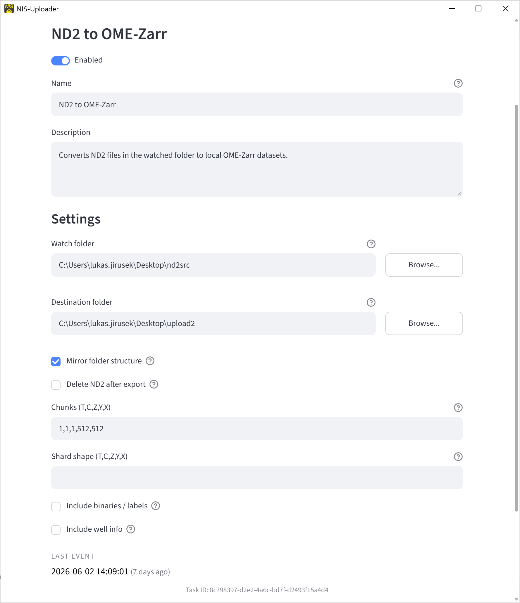 ND2 to OME-Zarr task settings showing destination folder and advanced export options.